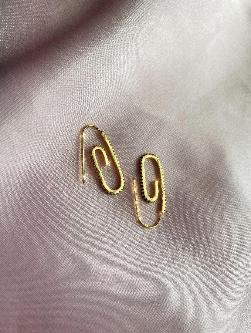 24k Paper Clips - Luna Alaska Jewelry paperclip dangly cubic zirconia crystal 24k gold filled earrings paper clip shaped jewelry