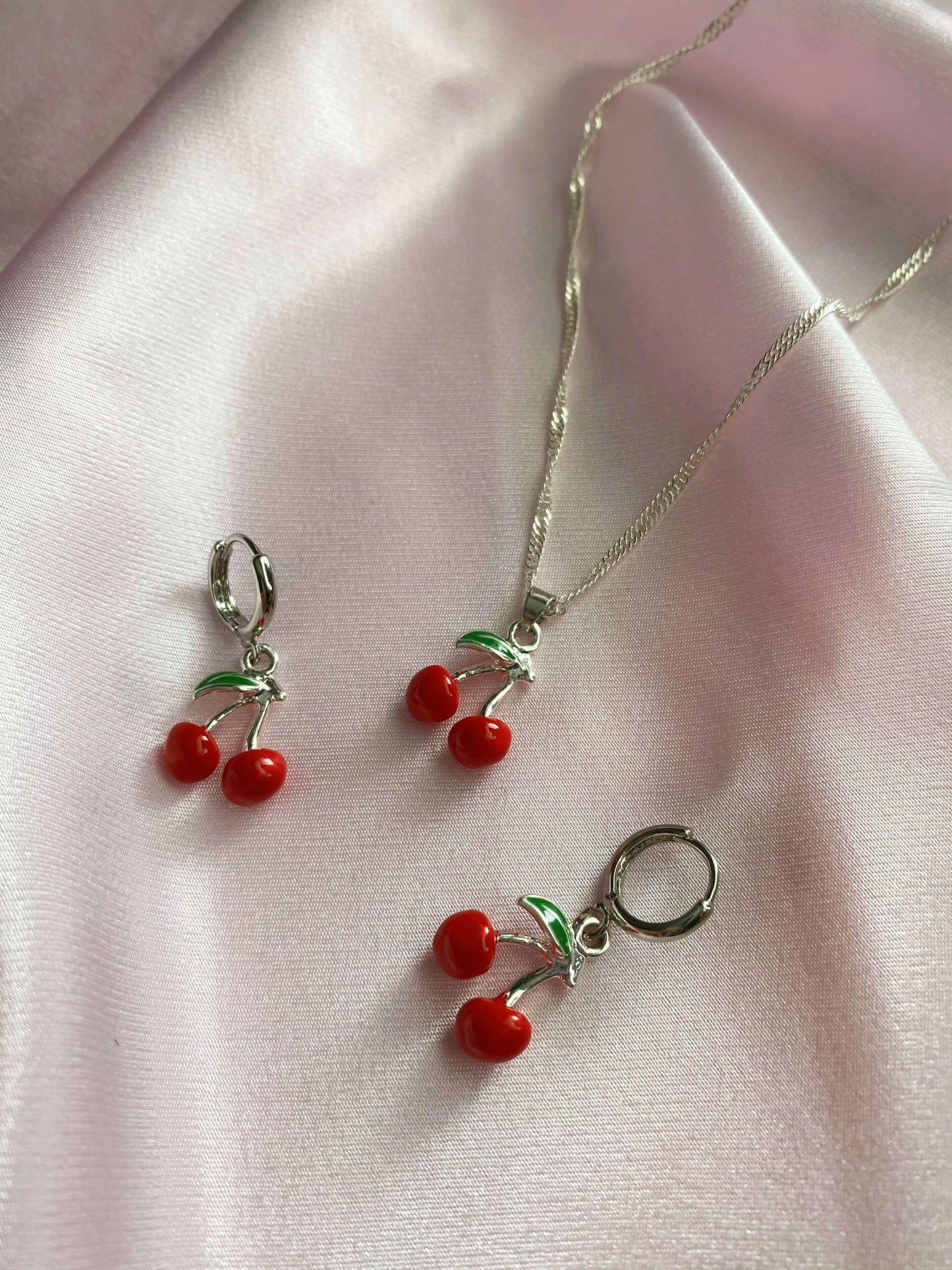 Cherry Bomb Huggies - Luna Alaska Jewelry silver cherry earrings cherries dainty hoops red enamel cute jewelry
