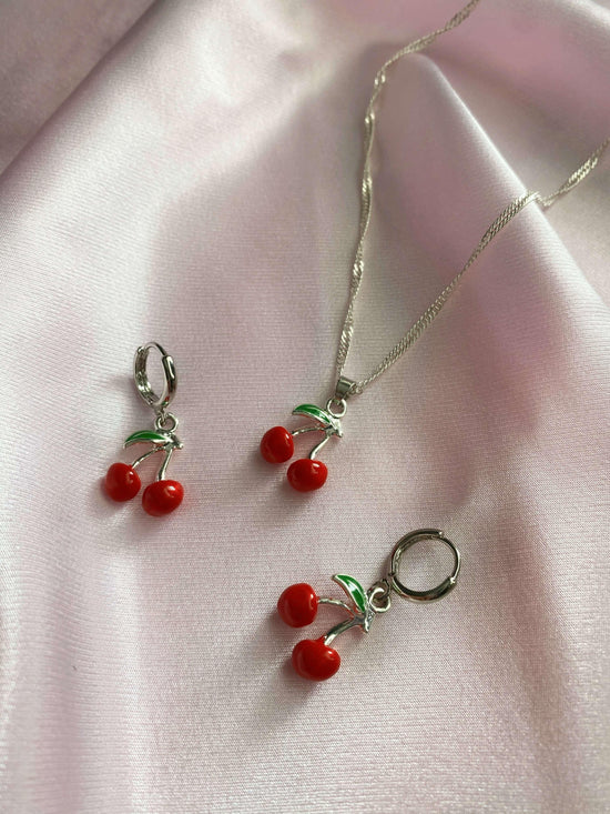 Cherry Bomb Huggies - Luna Alaska Jewelry silver cherry earrings cherries dainty hoops red enamel cute jewelry