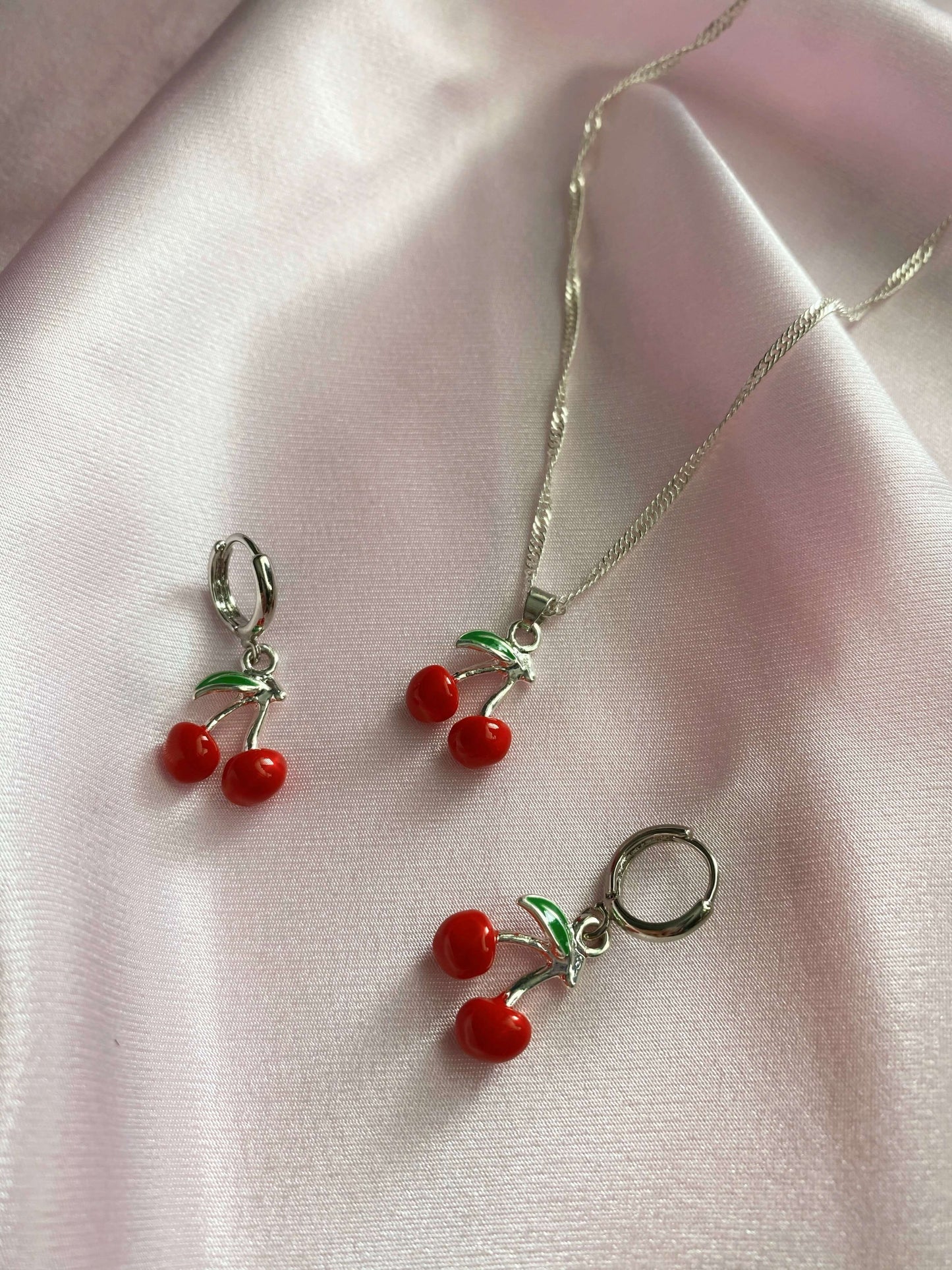 Cherry Bomb Huggies - Luna Alaska Jewelry silver cherry necklace cherries dainty  red enamel cute jewelry