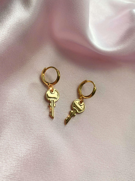 key earrings hoops huggies 18k gold fill plated dainty keys to the benz