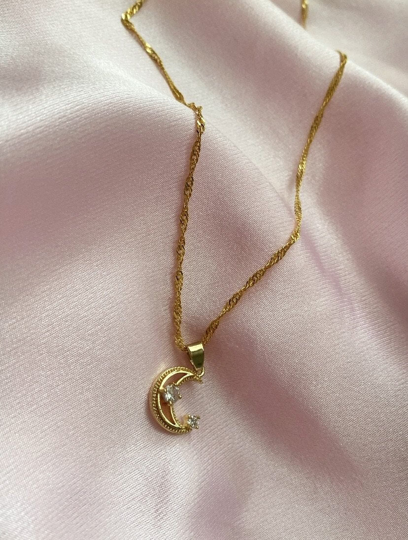 Celeste Necklace (18k gold) - Luna Alaska Jewelry moon necklace gold cubic zirconia dainty celestial luna necklace choker